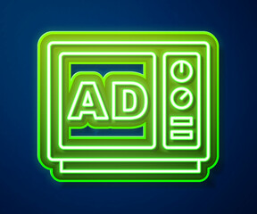 Glowing neon line Advertising icon isolated on blue background. Concept of marketing and promotion process. Responsive ads. Social media advertising. Vector