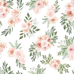  Watercolor pink flowers seamless pattern. Floral bouquets. Cute digital paper. Perfect for scrapbooking, textile, wrapping paper.