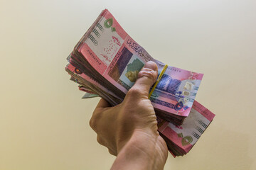 Hand holding stacks of Sudanese Pound banknotes