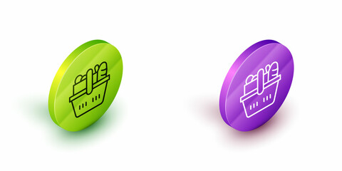 Isometric line Shopping basket and food icon isolated on white background. Food store, supermarket. Green and purple circle buttons. Vector