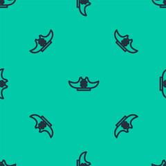 Blue line Pirate hat icon isolated seamless pattern on green background. Vector