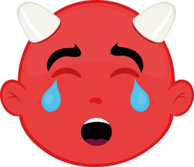 Vector illustration of a cartoon devil face with a sad expression, crying and tears falling from his eyes