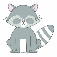 Obraz premium Sitting racoon vector illustration. Cute animal in flat style. Pastel pink and grey colours. Kids childish design. Nursery funny illustration for babies. Wildlife animal character. 