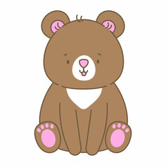 Sitting bear vector illustration. Cute animal in flat style. Pastel pink and brown colours. Kids childish design. Nursery funny illustration for babies. Wildlife animal character.
