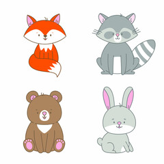 Bear Rabbit Racoon Fox vector illustration. Cute animal in flat style Nursery illustration for babies Wildlife animal character For cards, invitation, promotion, print on fabric, kids clothes design
