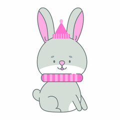 Sitting rabbit vector illustration. Cute animal in flat style. Pastel pink and grey colours. Hare kids childish design. Nursery funny bunny illustration for babies. Wildlife animal character.
