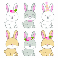 Sitting rabbit vector illustration. Cute animal in flat style. Pastel pink and grey colours. Hare kids childish design. Nursery funny bunny illustration for babies. Wildlife animal character.

