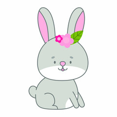 Obraz premium Sitting rabbit vector illustration. Cute animal in flat style. Pastel pink and grey colours. Hare kids childish design. Nursery funny bunny illustration for babies. Wildlife animal character. 