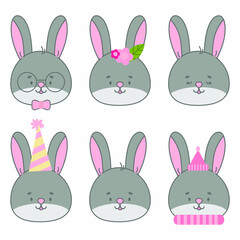 Set of seamless vector patterns. Pack of repeating geometric surface design ornaments. Rabbits and simple shapes. Cute animal character for cards, promotion banners, printing on paper and fabric.
