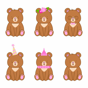 Set of sitting bear vector illustrations. Forest animal cute character. Pack of teddy pictures for cards, promotion, nursery posters, children clothes design. 
