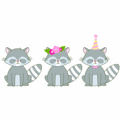 Sitting racoon vector illustration. Cute animal in flat style. Pastel pink and grey colours. Kids childish design. Nursery funny illustration for babies. Wildlife animal character.
