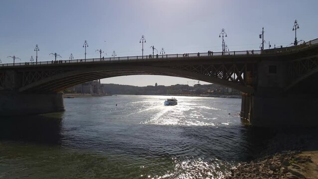 Flying under the Margaret Bridge along the River Danube