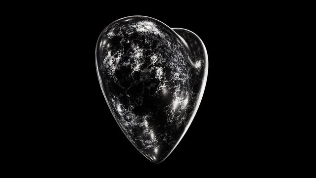 Realistic seamless looping animation of the spinning black marble or granite stone heart rendered in UHD with alpha matte
