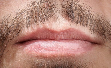 Closeup of a bearded man's mouth closed, super zoomed in, showing skin and facial hair texture