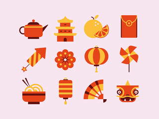 Set of icons for the Chinese New Year. Pack of Chinese pictograms.