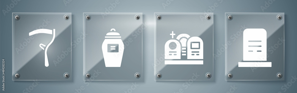 Poster set grave with tombstone, grave with tombstone, funeral urn and scythe. square glass panels. vector