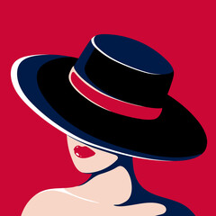 Young woman in the hat and with bright lips. Vector illustration for poster, print on clothes. Fashion & Style. - obrazy, fototapety, plakaty