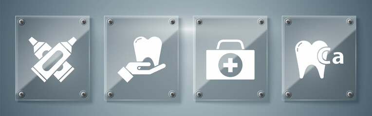 Set Calcium for tooth, First aid kit, Tooth and Crossed tube of toothpaste. Square glass panels. Vector