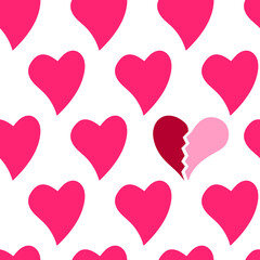 Vector seamless pattern with pink hearts and one broken heart. Stand out from the crowd, individuality