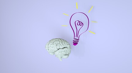Idea that born and growth in brain. Business idea in brain. Paper style lightbulb and brain isolated on blue background. Business growth concept. 3d render