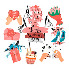 Background with elements for Women's Day isolated on white.Bouquet of tulips, perfume, shoes, sweets, cupcake, spring flowers and hand lettered text.Hand drawn vector illustration for design cards.