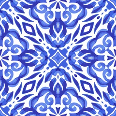 Keuken foto achterwand Kleurrijk Schitterend naadloos blauw abstract vectorpatroon. Geometrisch blauw en wit wandtegel ontwerp mediterraan