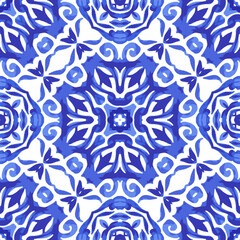 Gorgeous seamless winter decor pattern from blue and white oriental tiles, ornaments.