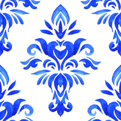 Watercolor blue damask hand drawn floral design. Seamless pattern, indigo renaissance tiling...