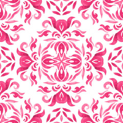 . Seamless ornamental watercolor arabesque paint tile pattern for fabric and ceramics.