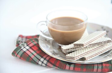 isolated cup of coffee and waffles sweet sugar dessert food tasty breakfast hot morning bakery tasty baked nobody plate espresso cappuccino