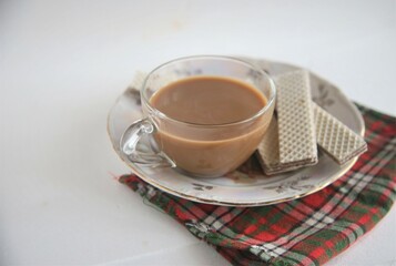 isolated cup of coffee and waffles sweet sugar dessert food tasty breakfast hot morning bakery tasty baked nobody plate