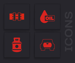 Fototapeta premium Set Gas tank for vehicle, Metallic pipes and valve, Oil drop and Propane gas icon. Vector