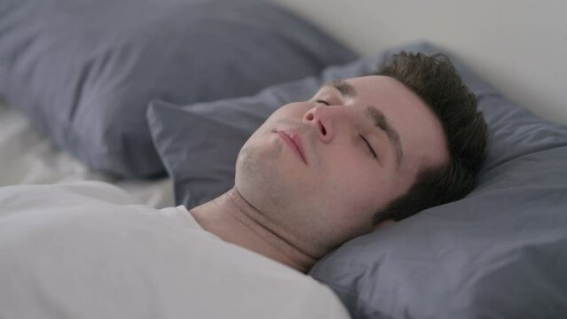 Man Sleeping in Bed Peacefully, Close up
