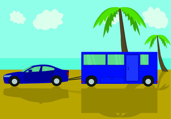 A blue automobile and a camper on a beach of a sea or an ocean. This illustration can be useful for automobile's companies as an advertisement concept. Vector illustration.