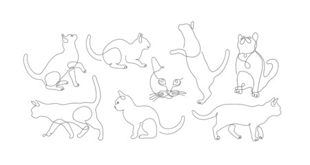 Continuous single line vector set of cats. Collection of continuous line sitting and running cats. Side view cat. Vector illustration. Isolated on white background.