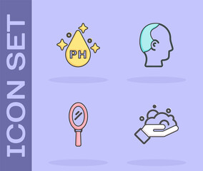 Set Shaving foam on hand, Oil for hair care treatment, Hand mirror and Baldness icon. Vector