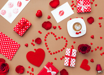 Valentines Day background. Gifts, hearts confetti, lips, sweet on pastel background. Valentines day concept. Flat lay, top view, copy space