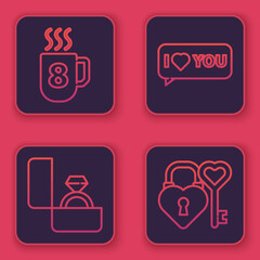 Set line Coffee cup with 8 March, Diamond engagement ring, Speech bubble with I love you and Castle and key in heart shape. Blue square button. Vector