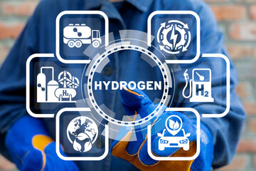 Concept of hydrogen production. H2 Fuel Modern Manufacturing. Industrial ecology zero emissions technology hydrogen generation. - obrazy, fototapety, plakaty