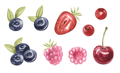 Watercolor set of juicu wild berries blueberries, raspberries, lingonberries, strawberries, blueberries, cherries. hand drawn illustration isolated. Art for cookbook, kitchen, dessert, menu cafe.