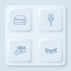 Set line Burger, Balloons, USA Independence day and Carnival garland with flags. White square button. Vector