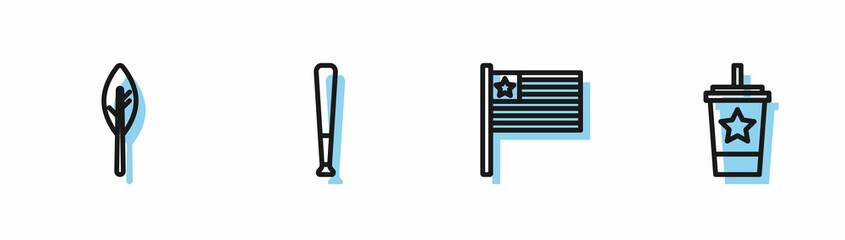 Set line American flag, Indian feather, Baseball bat and Paper glass with straw icon. Vector