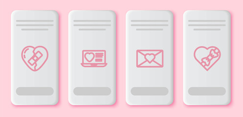 Set line Healed broken heart, Dating app online, Envelope with Valentine and Candy shaped box. White rectangle button. Vector