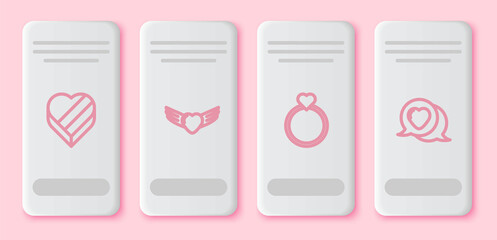 Set line Candy in heart shaped box, Heart with wings, Wedding rings and speech bubble. White rectangle button. Vector