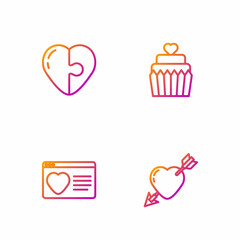 Set line Amour with heart and arrow, Dating app online, Heart and Wedding cake. Gradient color icons. Vector