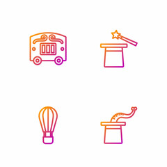 Set line Magician hat, Hot air balloon, Circus wagon and and wand. Gradient color icons. Vector