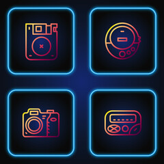 Set line Pager, Photo camera, Floppy disk and Music CD player. Gradient color icons. Vector