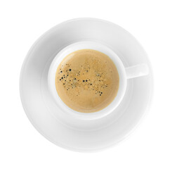 Cup of tasty coffee isolated on white, top view