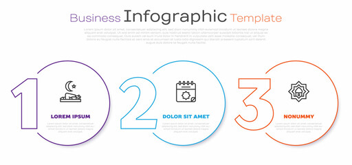 Set line Muslim man prays, Ramadan calendar and Mosque. Business infographic template. Vector