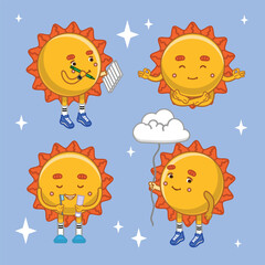 Spring sticker set icon cartoon cute bright sun with notepad and meditation, brushing teeth, with balloon cloud